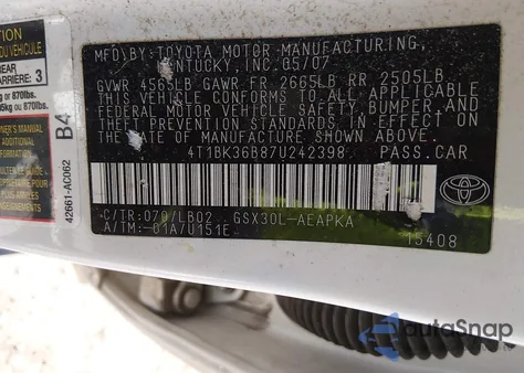 2007 Toyota Avalon Limited z USA, uszkodzony, nr VIN 4T1BK36B87U242398